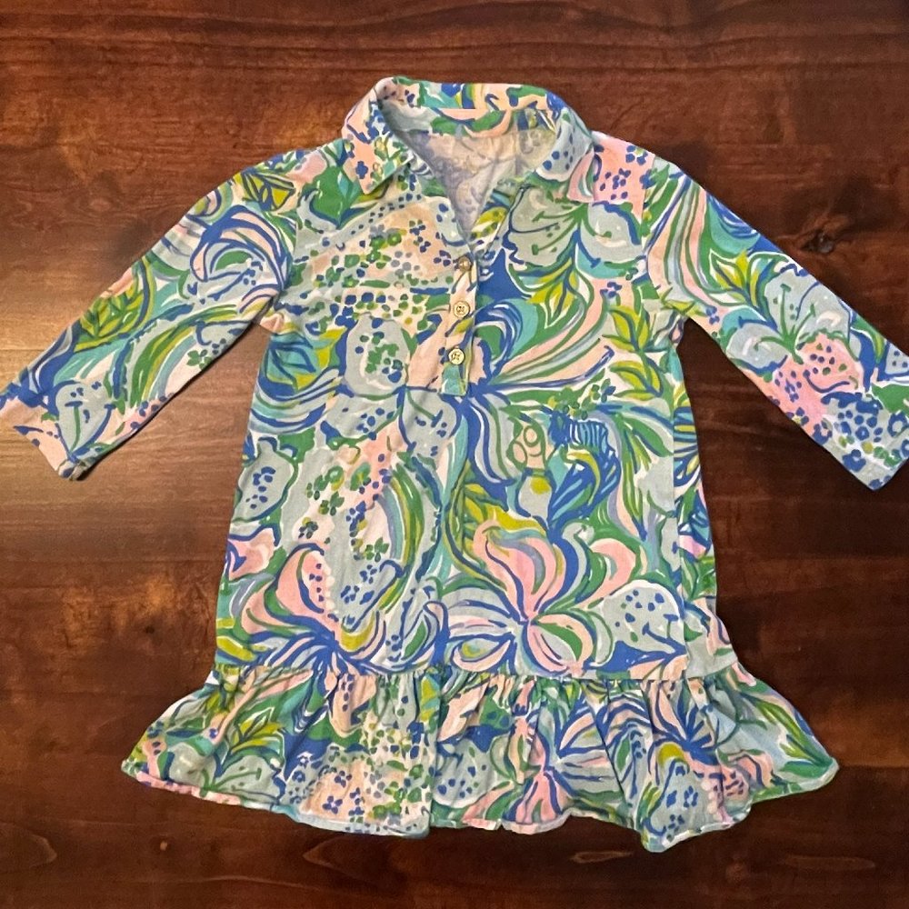 Lilly Pulitzer Toddler 4T Long Sleeve Dress Floral Green